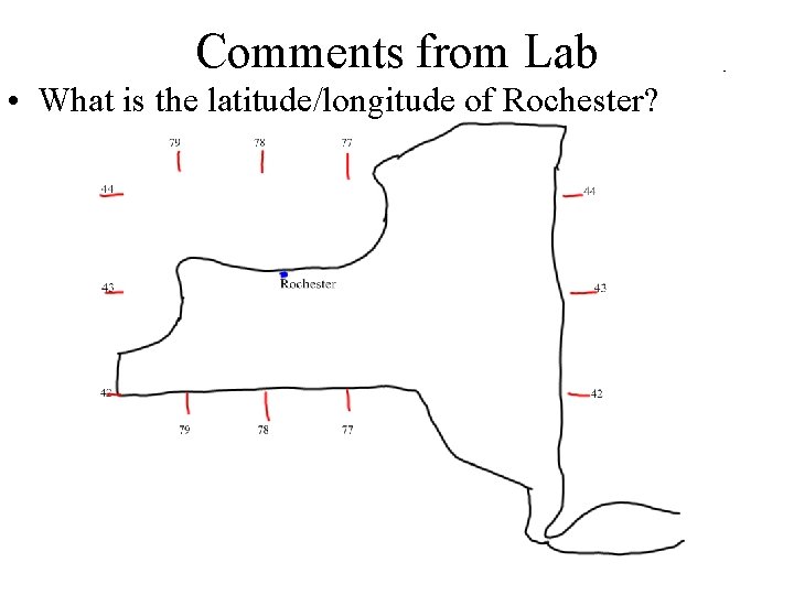 Comments from Lab • What is the latitude/longitude of Rochester? 