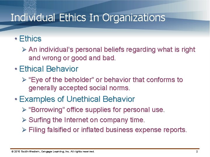 Individual Ethics In Organizations • Ethics Ø An individual’s personal beliefs regarding what is