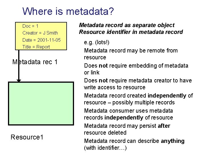 Where is metadata? Doc = 1 Creator = J Smith Date = 2001 -11