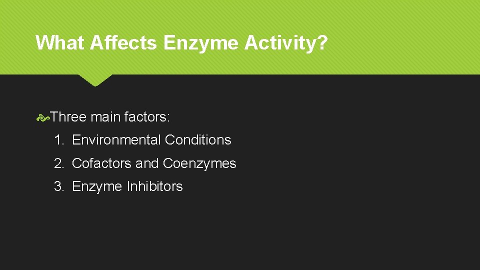 What Affects Enzyme Activity? Three main factors: 1. Environmental Conditions 2. Cofactors and Coenzymes