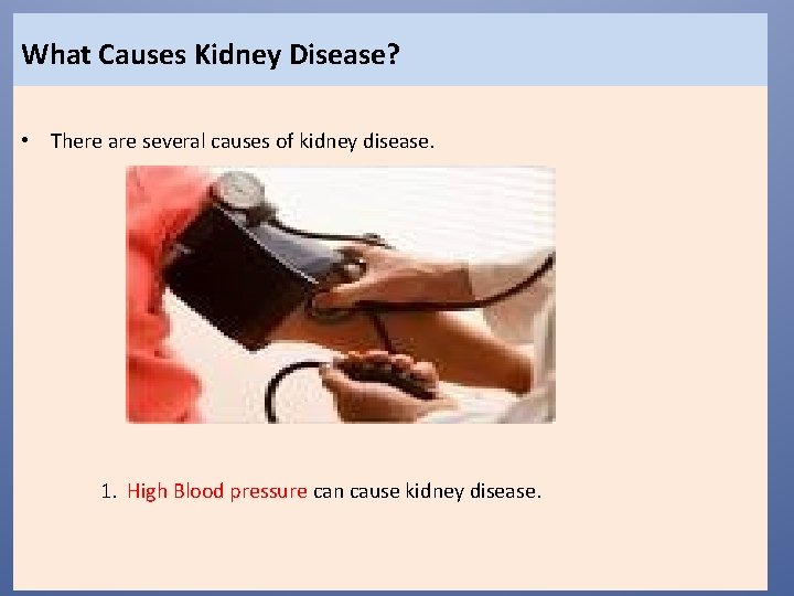 What Causes Kidney Disease? • There are several causes of kidney disease. 1. High