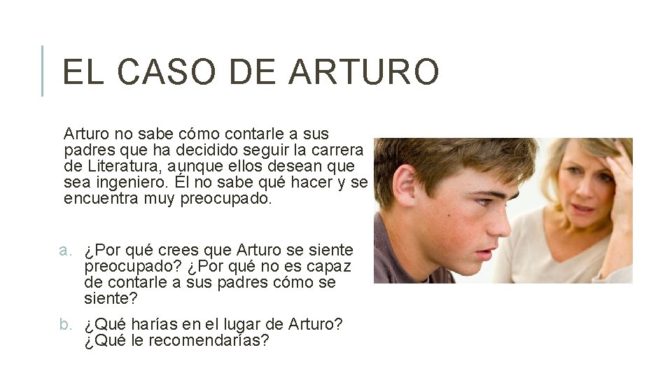 EL CASO DE ARTURO Arturo no sabe cómo contarle a sus padres que ha