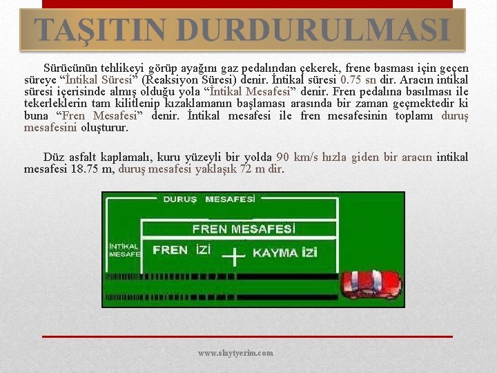 Sürücünün tehlikeyi görüp ayağını gaz pedalından çekerek, frene basması için geçen süreye “İntikal Süresi”