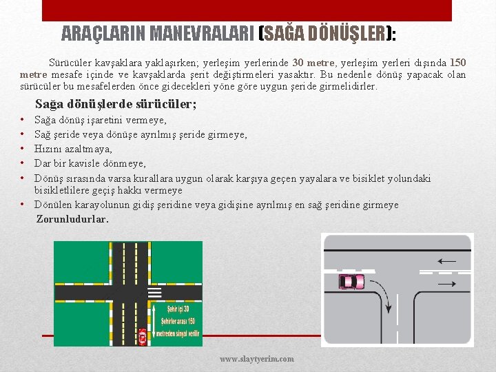 ARAÇLARIN MANEVRALARI (SAĞA DÖNÜŞLER): Sürücüler kavşaklara yaklaşırken; yerleşim yerlerinde 30 metre, yerleşim yerleri dışında