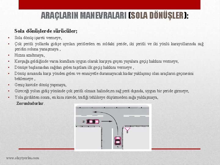 ARAÇLARIN MANEVRALARI (SOLA DÖNÜŞLER): Sola dönüşlerde sürücüler; • • Sola dönüş işareti vermeye, Çok