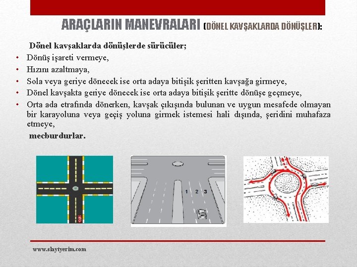 ARAÇLARIN MANEVRALARI (DÖNEL KAVŞAKLARDA DÖNÜŞLER): • • • Dönel kavşaklarda dönüşlerde sürücüler; Dönüş işareti