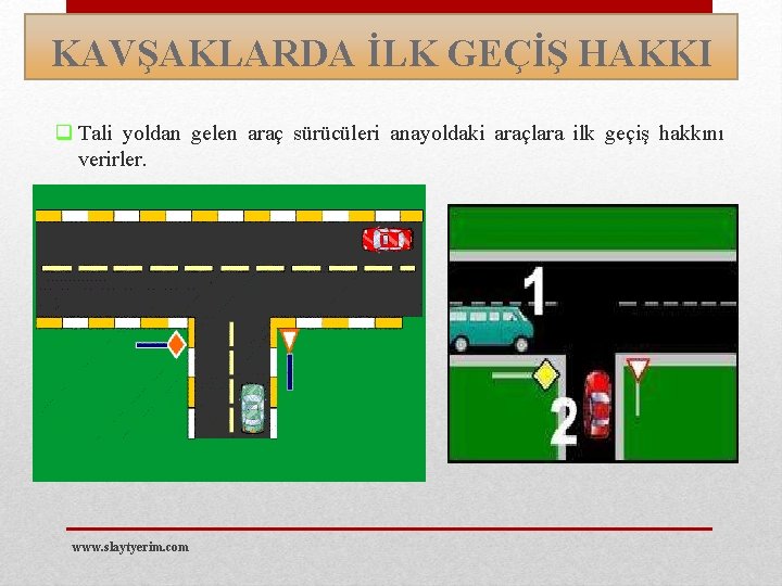 KAVŞAKLARDA İLK GEÇİŞ HAKKI q Tali yoldan gelen araç sürücüleri anayoldaki araçlara ilk geçiş