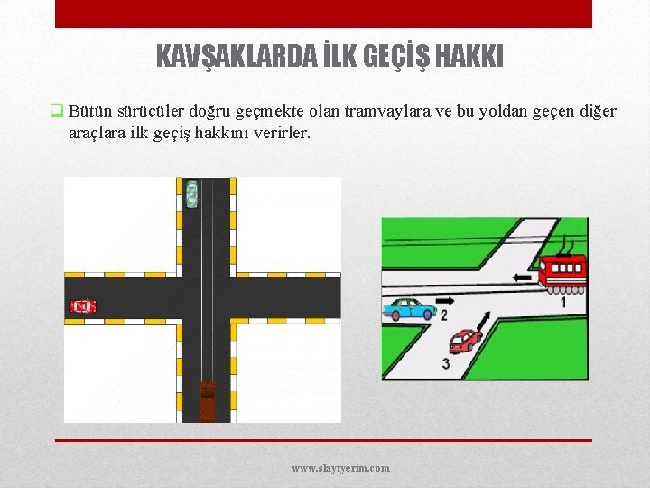 KAVŞAKLARDA İLK GEÇİŞ HAKKI q Bütün sürücüler doğru geçmekte olan tramvaylara ve bu yoldan