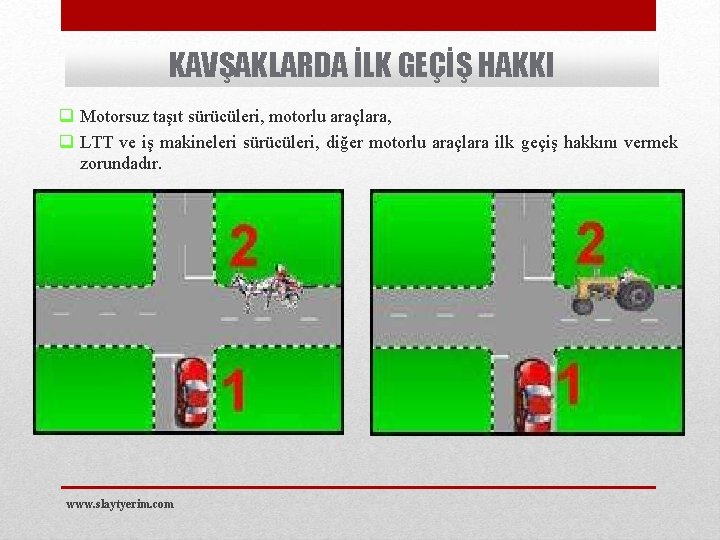 KAVŞAKLARDA İLK GEÇİŞ HAKKI q Motorsuz taşıt sürücüleri, motorlu araçlara, q LTT ve iş