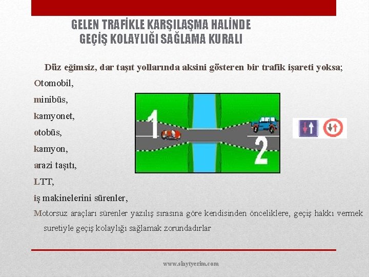 GELEN TRAFİKLE KARŞILAŞMA HALİNDE GEÇİŞ KOLAYLIĞI SAĞLAMA KURALI Düz eğimsiz, dar taşıt yollarında aksini