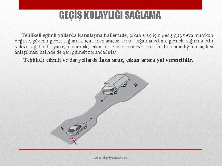 GEÇİŞ KOLAYLIĞI SAĞLAMA Tehlikeli eğimli yollarda karşılaşma hallerinde; çıkan araç için geçiş güç veya