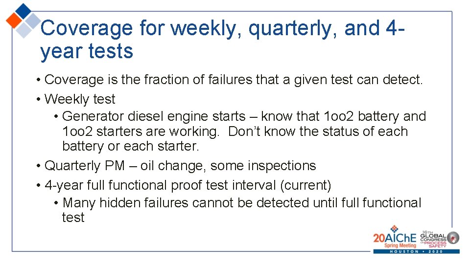 Coverage for weekly, quarterly, and 4 year tests • Coverage is the fraction of