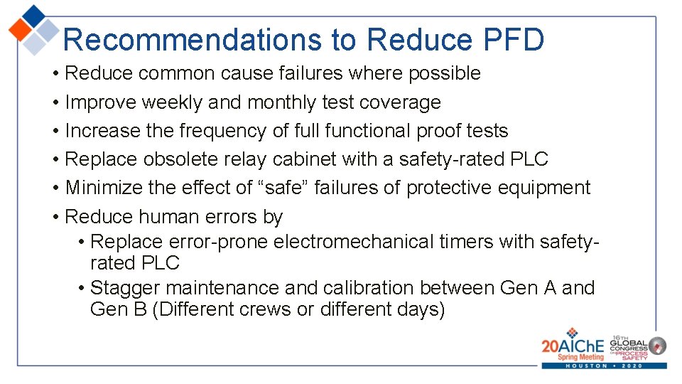 Recommendations to Reduce PFD • Reduce common cause failures where possible • Improve weekly