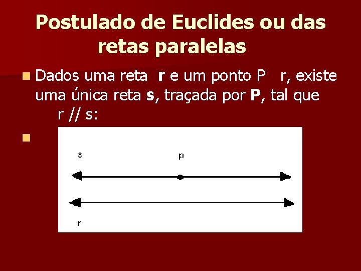 Postulado de Euclides ou das retas paralelas n Dados uma reta r e um Postulado de Euclides ou das retas paralelas n Dados uma reta r e um