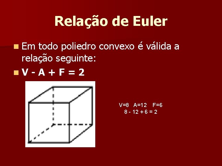 Relação de Euler n Em todo poliedro convexo é válida a relação seguinte: n Relação de Euler n Em todo poliedro convexo é válida a relação seguinte: n