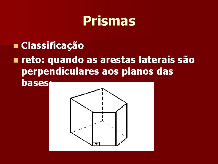 Prismas n Classificação n reto: quando as arestas laterais são perpendiculares aos planos das Prismas n Classificação n reto: quando as arestas laterais são perpendiculares aos planos das