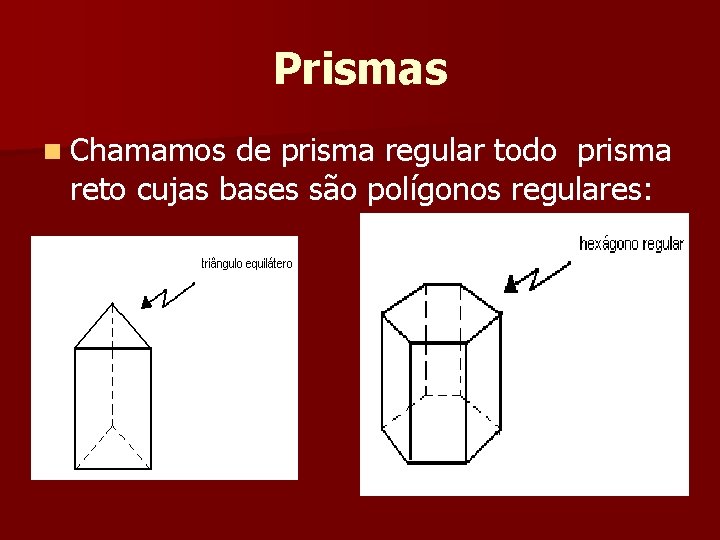 Prismas n Chamamos de prisma regular todo prisma reto cujas bases são polígonos regulares: Prismas n Chamamos de prisma regular todo prisma reto cujas bases são polígonos regulares: