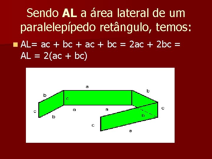 Sendo AL a área lateral de um paralelepípedo retângulo, temos: n AL= ac + Sendo AL a área lateral de um paralelepípedo retângulo, temos: n AL= ac +