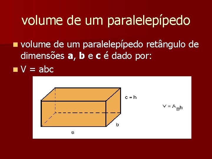 volume de um paralelepípedo n volume de um paralelepípedo retângulo de dimensões a, b volume de um paralelepípedo n volume de um paralelepípedo retângulo de dimensões a, b