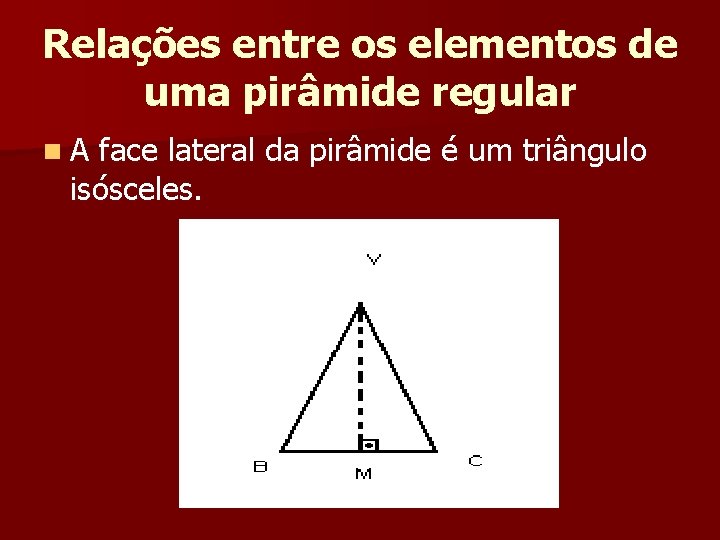 Relações entre os elementos de uma pirâmide regular n A face lateral da pirâmide Relações entre os elementos de uma pirâmide regular n A face lateral da pirâmide