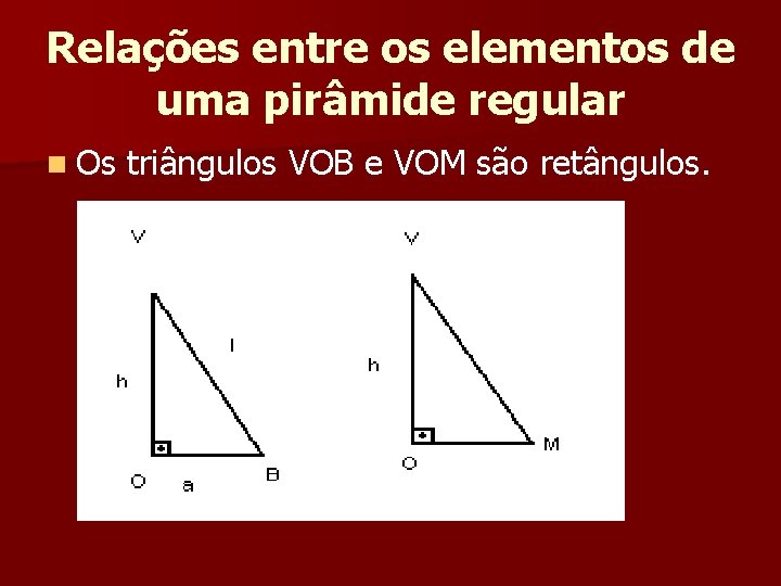 Relações entre os elementos de uma pirâmide regular n Os triângulos VOB e VOM Relações entre os elementos de uma pirâmide regular n Os triângulos VOB e VOM