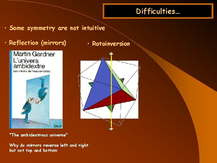 Difficulties… • Some symmetry are not intuitive • Reflection (mirrors) • Rotoinversion ‘’The ambidextrous