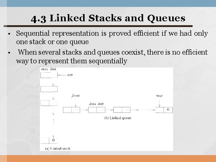 4. 3 Linked Stacks and Queues § § Sequential representation is proved efficient if