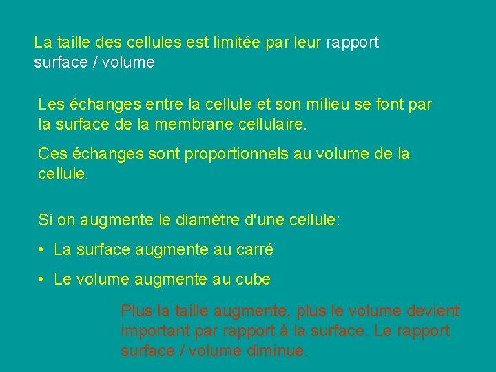 La taille des cellules est limitée par leur rapport surface / volume Les échanges La taille des cellules est limitée par leur rapport surface / volume Les échanges