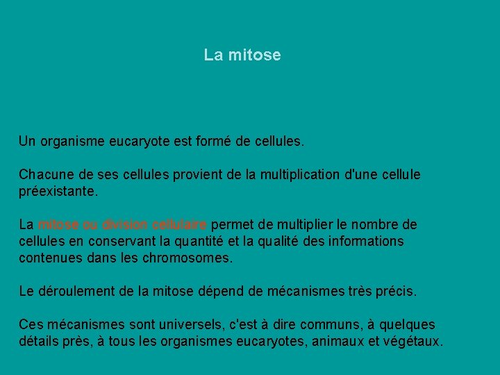 La mitose Un organisme eucaryote est formé de cellules. Chacune de ses cellules provient La mitose Un organisme eucaryote est formé de cellules. Chacune de ses cellules provient