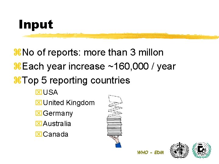 Input z. No of reports: more than 3 millon z. Each year increase ~160,