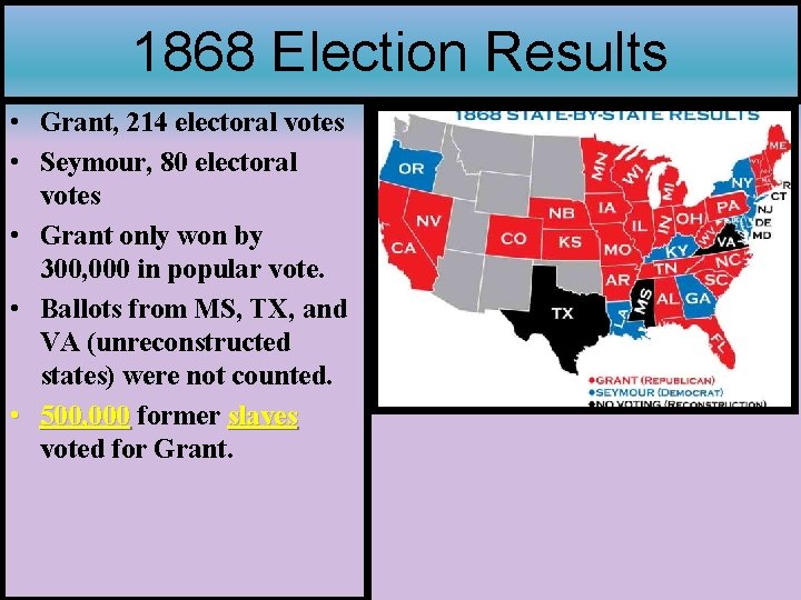 1868 Election Results • Grant, 214 electoral votes • Seymour, 80 electoral votes •