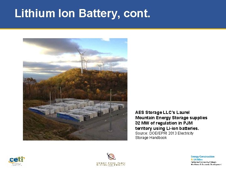 Lithium Ion Battery, cont. AES Storage LLC’s Laurel Mountain Energy Storage supplies 32 MW