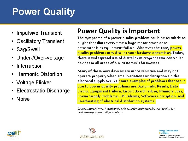 Power Quality • Impulsive Transient • Oscillatory Transient • Sag/Swell • Under-/Over-voltage • Interruption