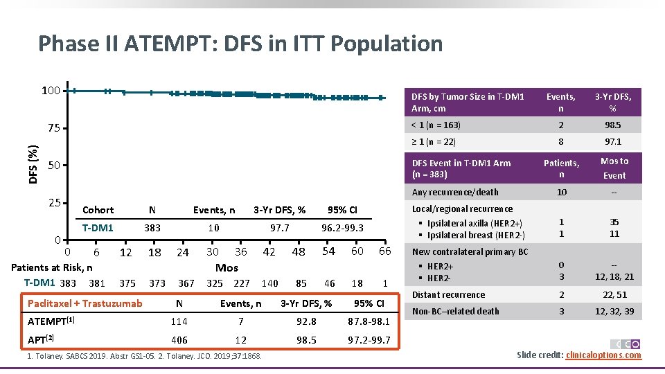 Phase II ATEMPT: DFS in ITT Population 100 DFS by Tumor Size in T-DM