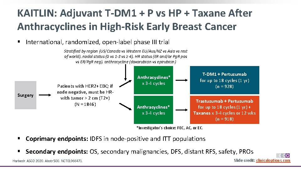 KAITLIN: Adjuvant T-DM 1 + P vs HP + Taxane After Anthracyclines in High-Risk