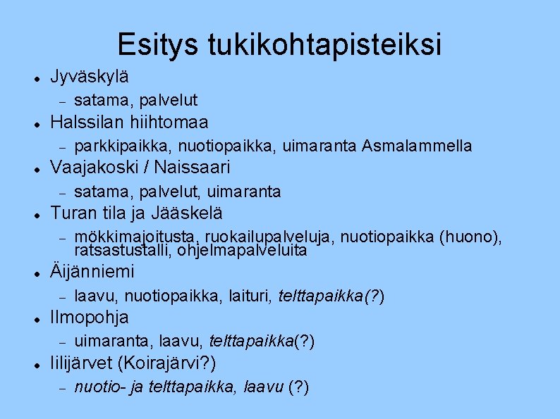 Esitys tukikohtapisteiksi Jyväskylä Halssilan hiihtomaa laavu, nuotiopaikka, laituri, telttapaikka(? ) Ilmopohja mökkimajoitusta, ruokailupalveluja, nuotiopaikka