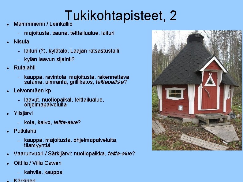  Tukikohtapisteet, 2 Mämminiemi / Leirikallio Nisula laituri (? ), kylätalo, Laajan ratsastustalli kylän