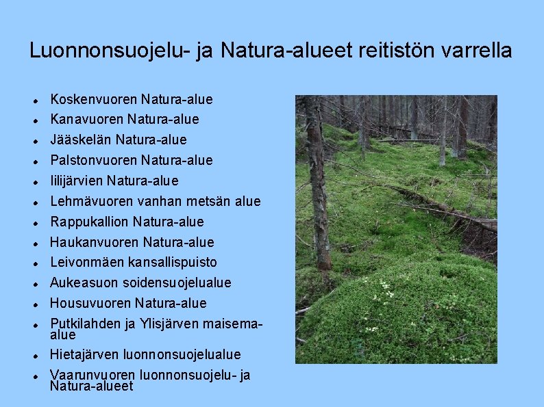 Luonnonsuojelu- ja Natura-alueet reitistön varrella Koskenvuoren Natura-alue Kanavuoren Natura-alue Jääskelän Natura-alue Palstonvuoren Natura-alue Iilijärvien