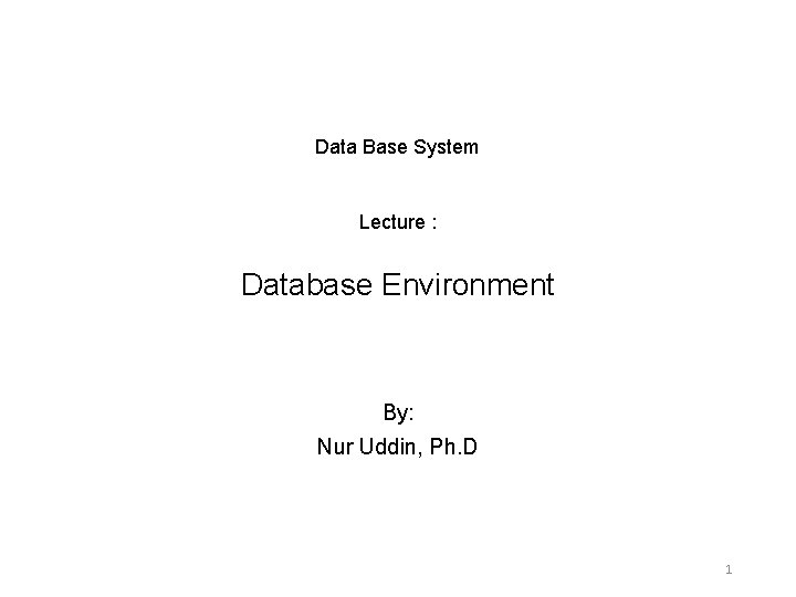 Data Base System Lecture : Database Environment By: Nur Uddin, Ph. D 1 