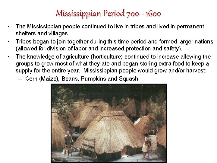 Mississippian Period 700 - 1600 • • • The Mississippian people continued to live