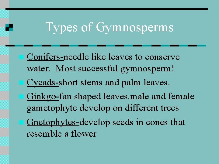 Types of Gymnosperms Conifers-needle like leaves to conserve water. Most successful gymnosperm! n Cycads-short