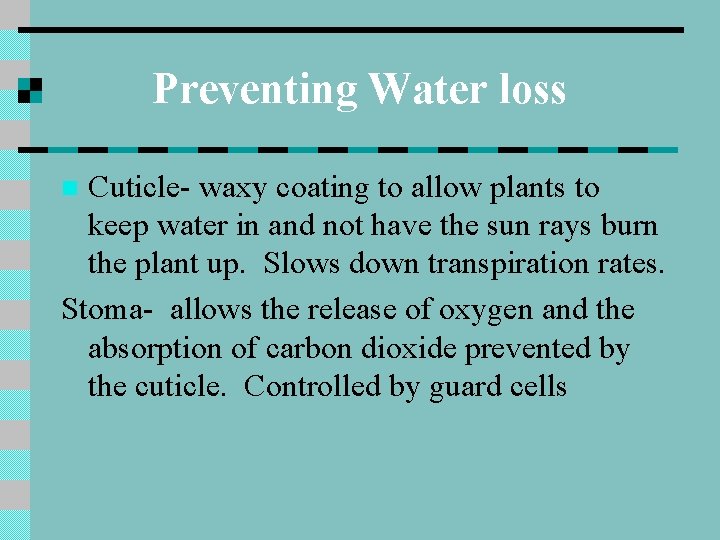 Preventing Water loss Cuticle- waxy coating to allow plants to keep water in and