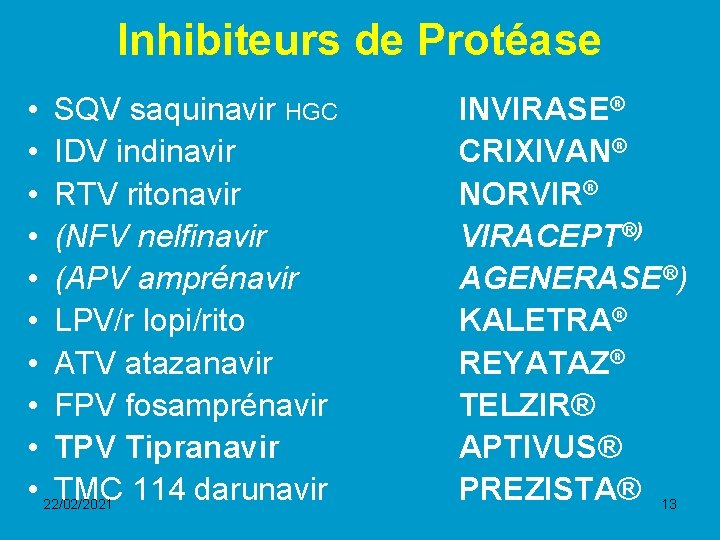 Inhibiteurs de Protéase • SQV saquinavir HGC • IDV indinavir • RTV ritonavir •