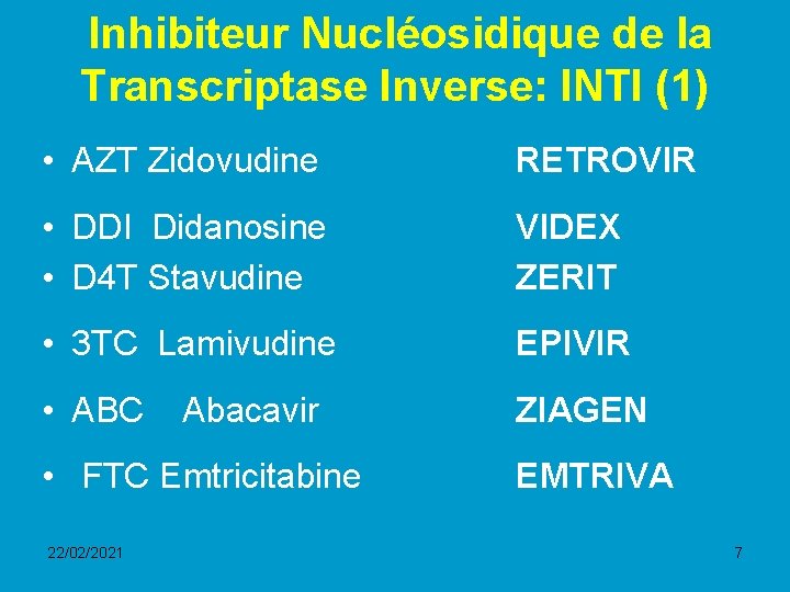  Inhibiteur Nucléosidique de la Transcriptase Inverse: INTI (1) • AZT Zidovudine RETROVIR •