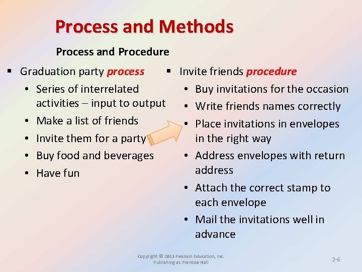 Process and Methods Process and Procedure § Graduation party process § Invite friends procedure Process and Methods Process and Procedure § Graduation party process § Invite friends procedure