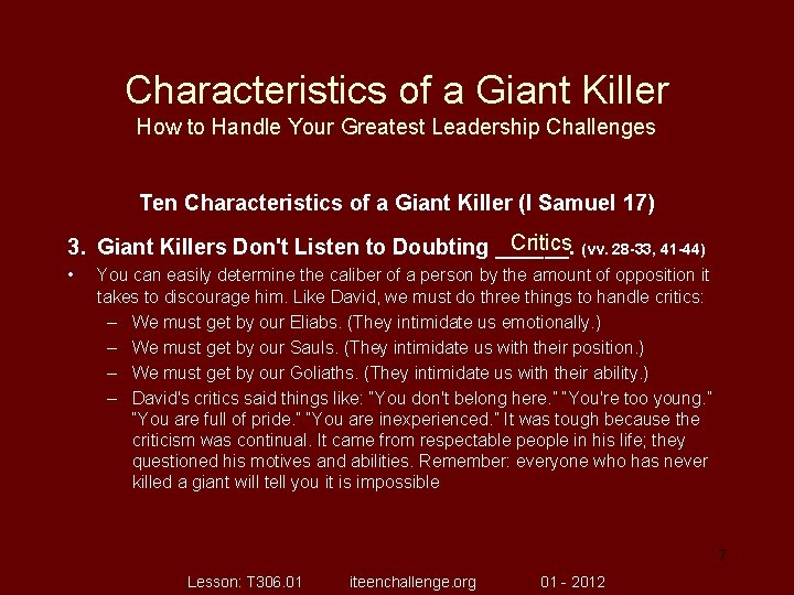 Characteristics of a Giant Killer How to Handle Your Greatest Leadership Challenges Ten Characteristics