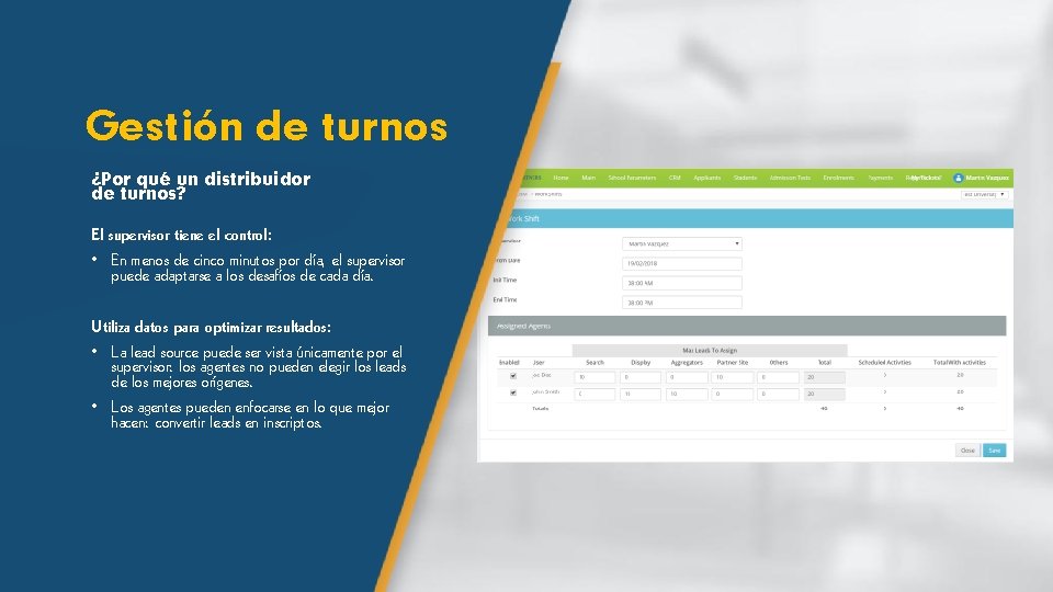 Gestión de turnos ¿Por qué un distribuidor de turnos? El supervisor tiene el control: