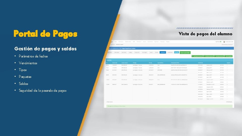 Portal de Pagos Gestión de pagos y saldos • Parámetros de fechas • Vencimientos