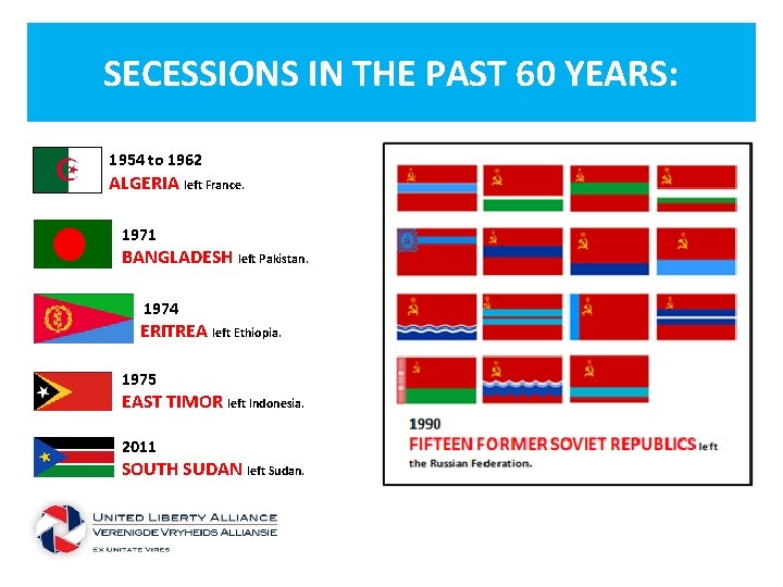 SECESSIONS IN THE PAST 60 YEARS: 1954 to 1962 ALGERIA left France. 1971 BANGLADESH