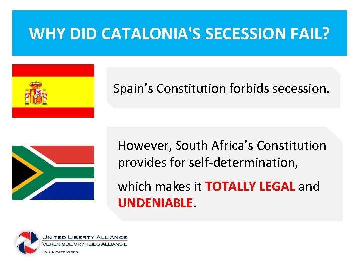 WHY DID CATALONIA'S SECESSION FAIL? Spain’s Constitution forbids secession. However, South Africa’s Constitution provides